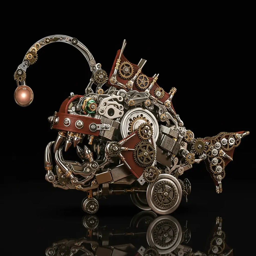 Assembled steampunk mechanical anglerfish model kit, an expert-level 3D metal puzzle, shown on a black reflective surface with its lure glowing