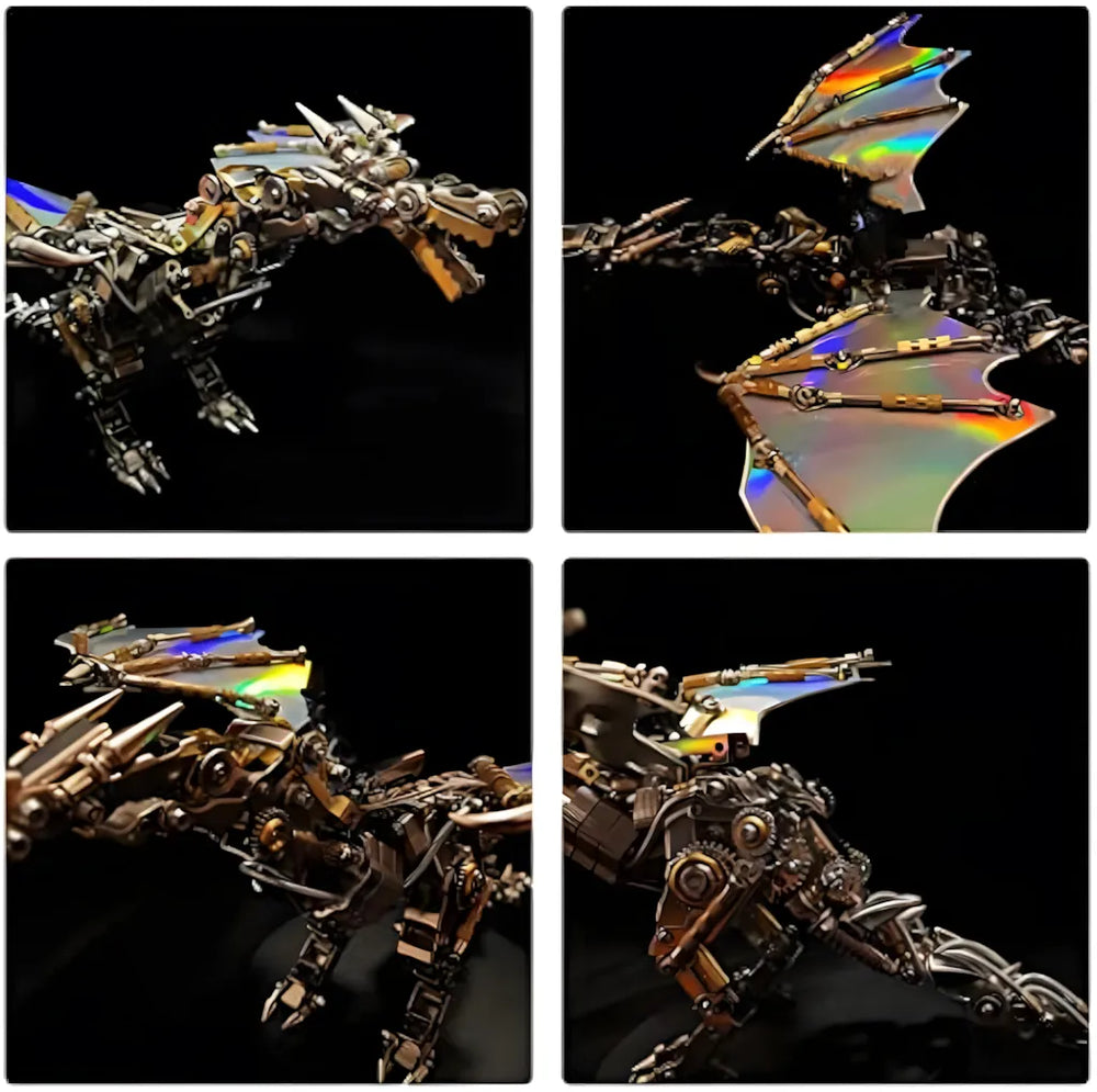 A four-quadrant close-up of the Aether Drake, detailing the head, iridescent wing texture, and intricate torso gearwork