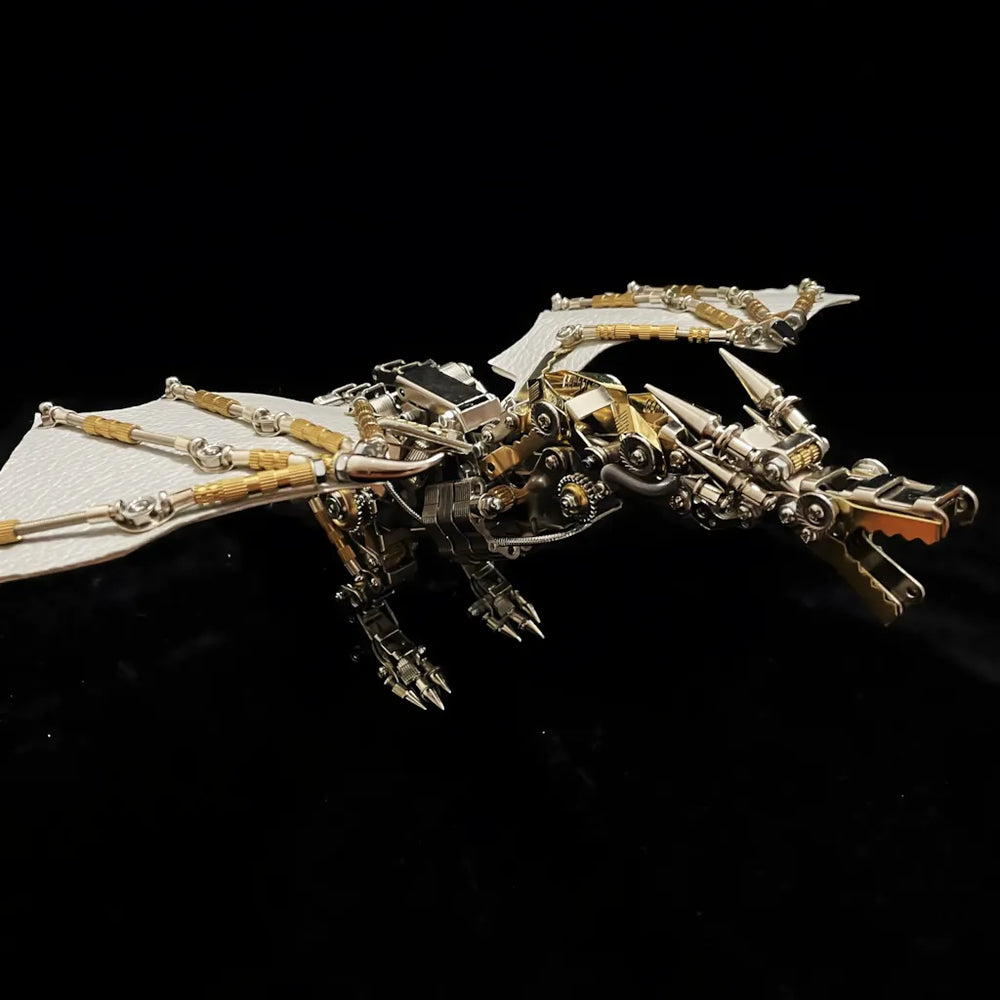 Close-up side view of the mechanical dragon's head and articulated jaw, emphasizing the gold and silver metallic details