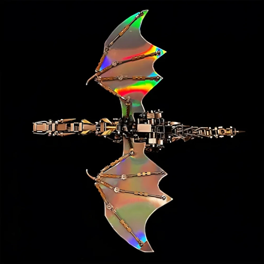 Top-down view of the Mechanical Dragon model with iridescent, color-shifting wings, showcasing the full wingspan and metallic spine