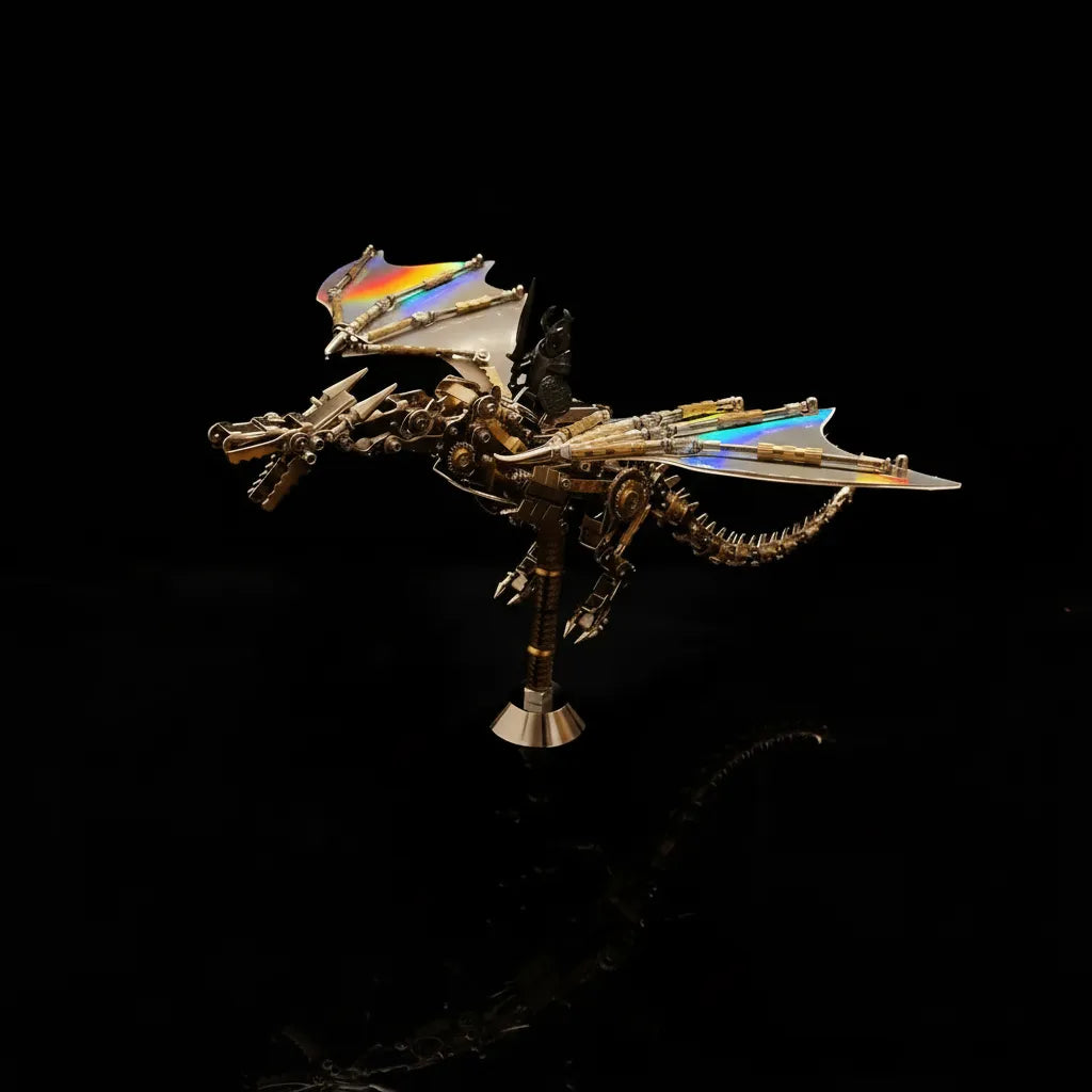 The Steampunk Mechanical Dragon Model with iridescent, color-shifting wings, shown in a flying pose on a black reflective surface