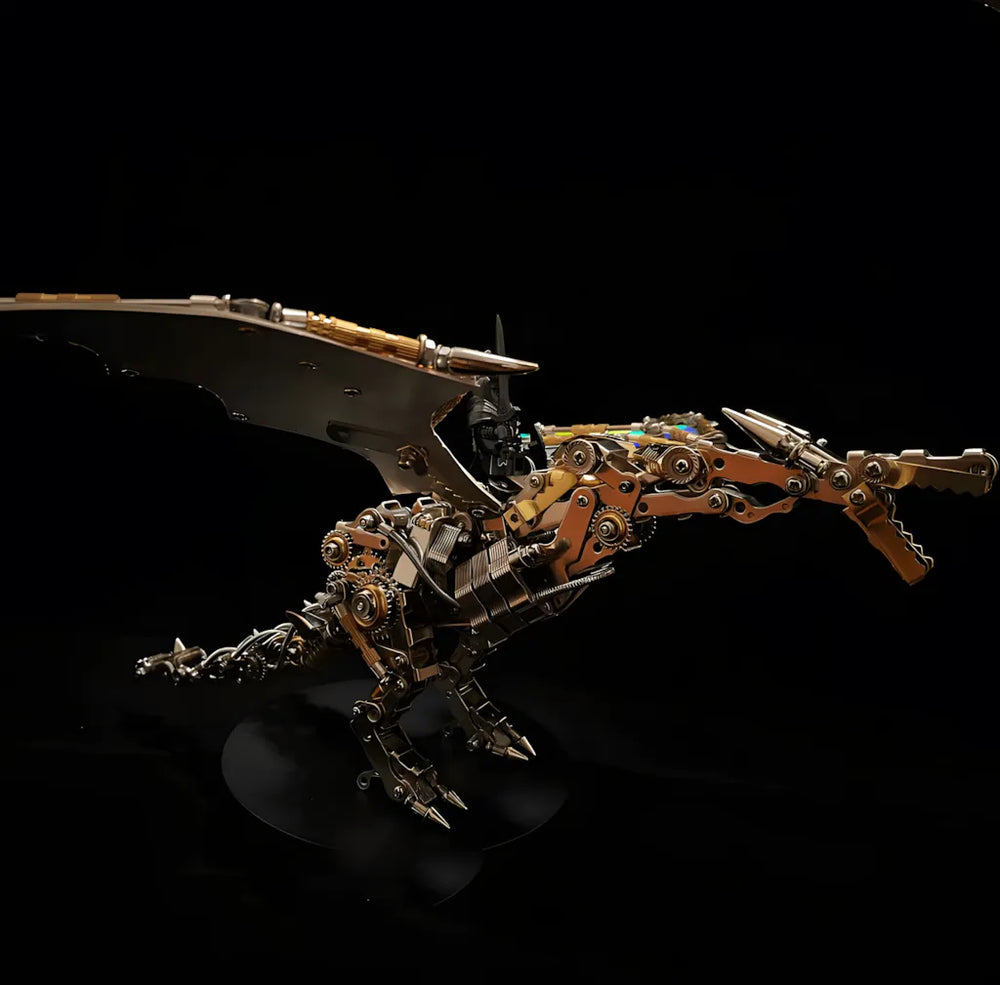 Side profile of the Mechanical Dragon on a black base, emphasizing the bronze/copper-toned body and complex gear system.