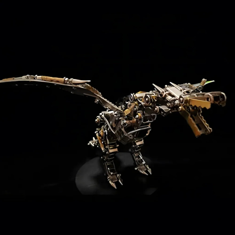 Side profile of the robot dragon with dark gray wings, emphasizing the articulated legs and the brass-toned body against a black background