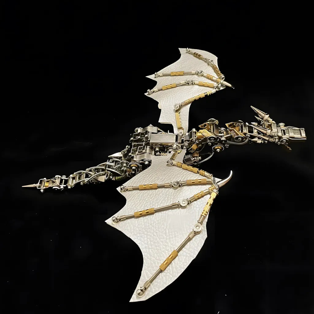 The robot dragon model with grey wings in a dynamic flying pose, highlighting the gold and silver mechanical bone structure