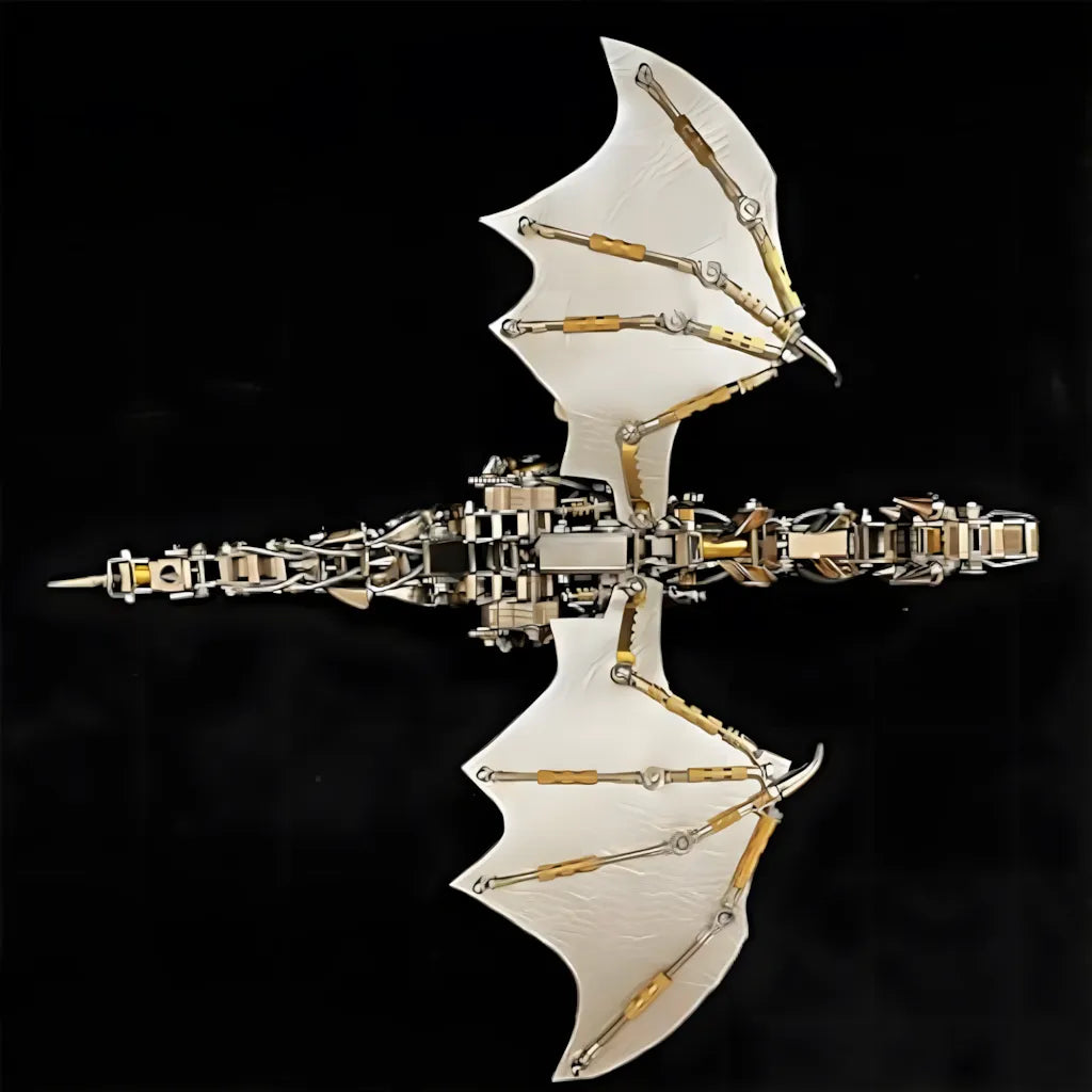 Full wingspan top view of the Steampunk Dragon, emphasizing the delicate wing structure and articulated limbs