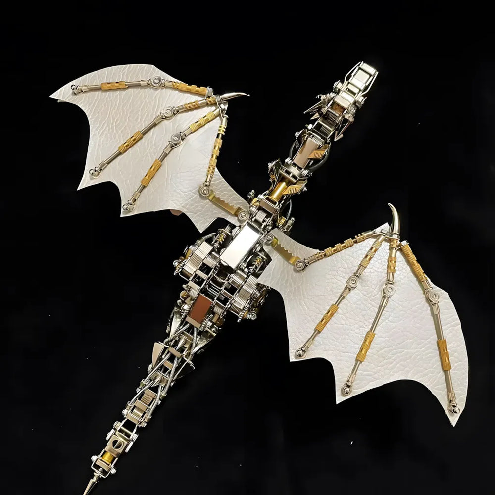 A top-down view of the Mechanical Dragon Model Kit with white wings, showcasing the full body and mechanical spine.