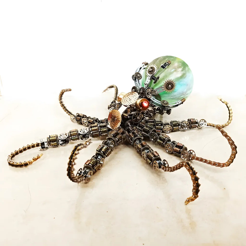 The Mechanical Octopus model with a bright green luminous orb and bronze tentacles, shown on a reflective white background