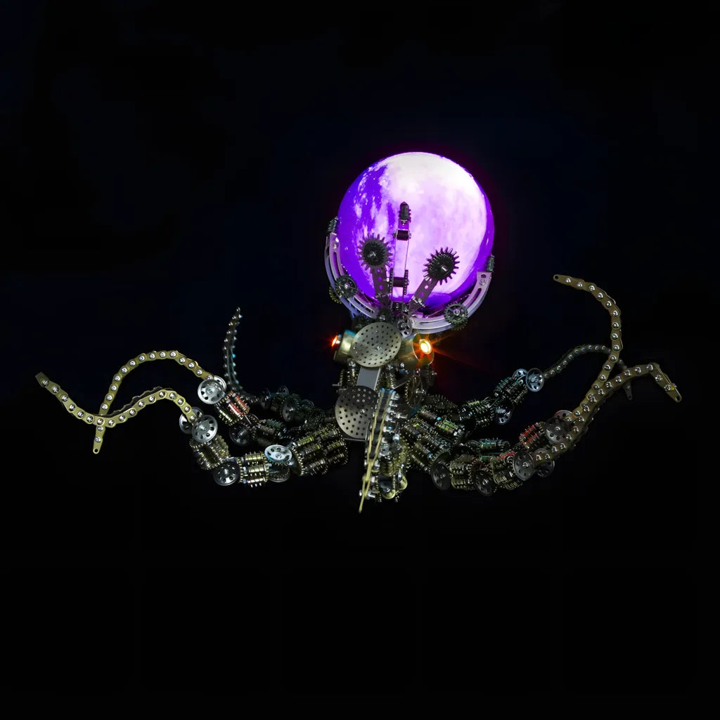 The mechanical octopus model in a dark setting, with its moon orb and menacing red eyes glowing