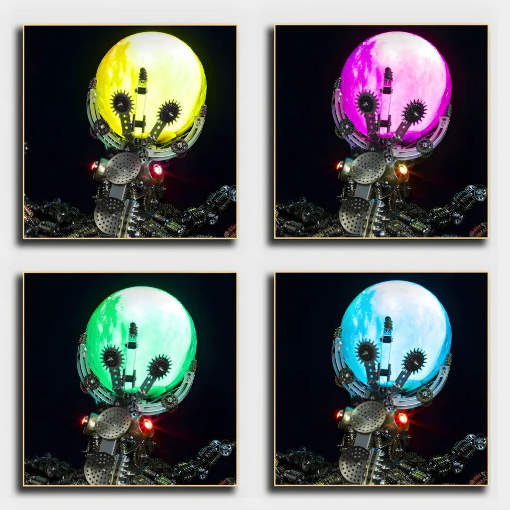 A quad-panel collage showcasing the luminous moon orb of the octopus model glowing in yellow, magenta, green, and cyber-blue colors
