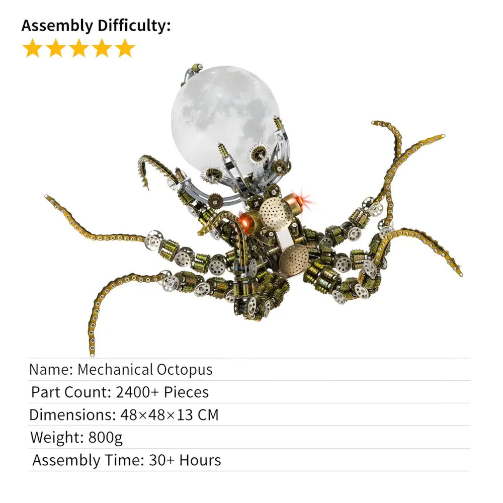 An informational graphic for the 5-Star difficulty Mechanical Octopus, listing 2400+ parts, 48x48cm dimensions, and 30+ hour assembly time