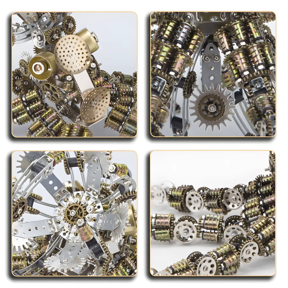 A close-up collage showing the intricate gear-driven, chain-link segments of the octopus's tentacles and head structure