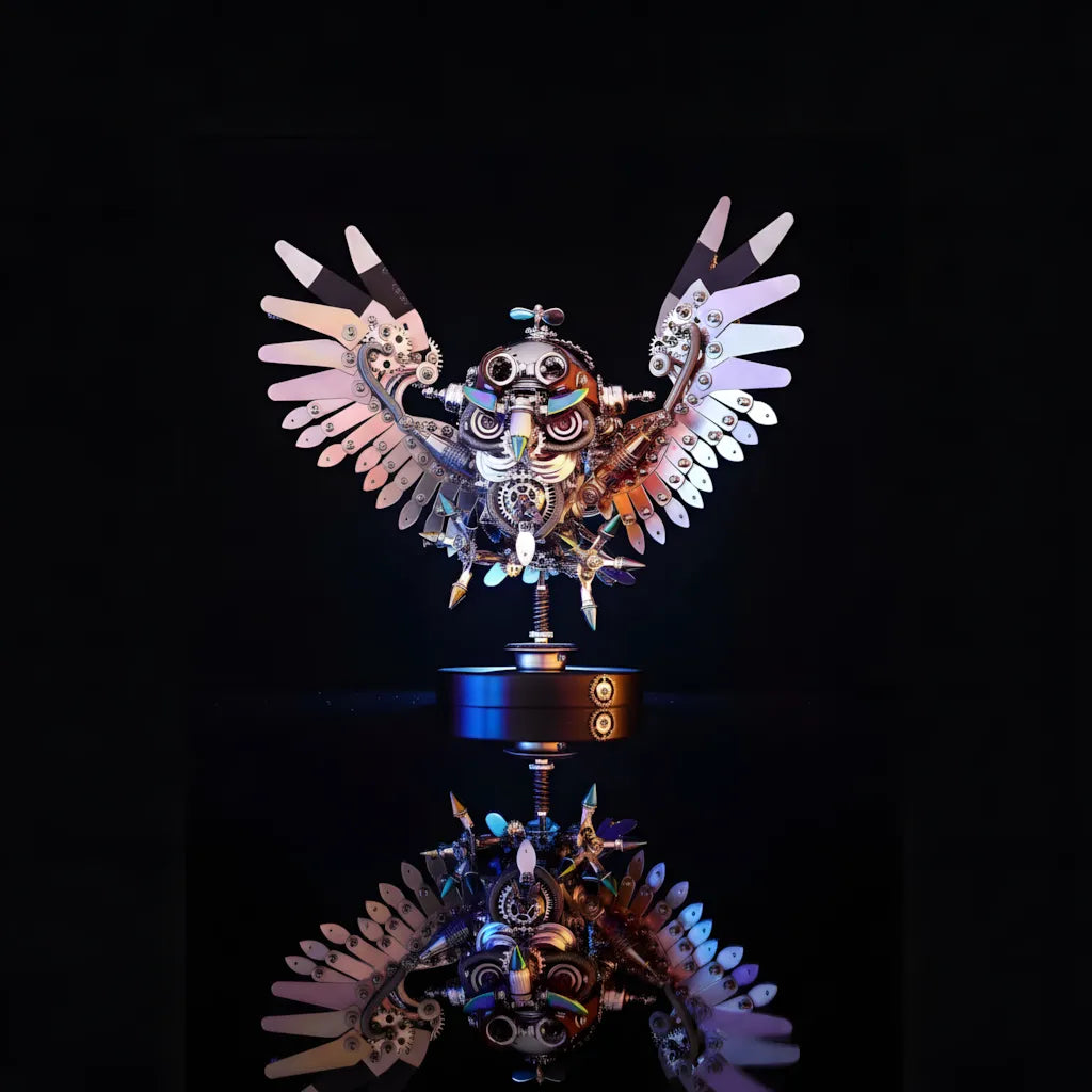 The Steampunk Mechanical Owl model with wings spread, showcased on a black reflective surface with iridescent light effects