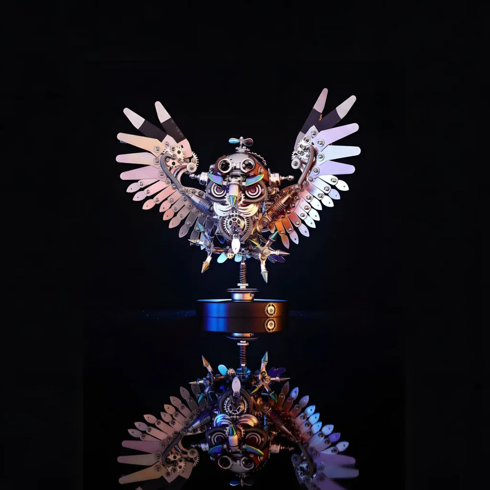 The Steampunk Mechanical Owl model with wings spread, showcased on a black reflective surface with iridescent light effects