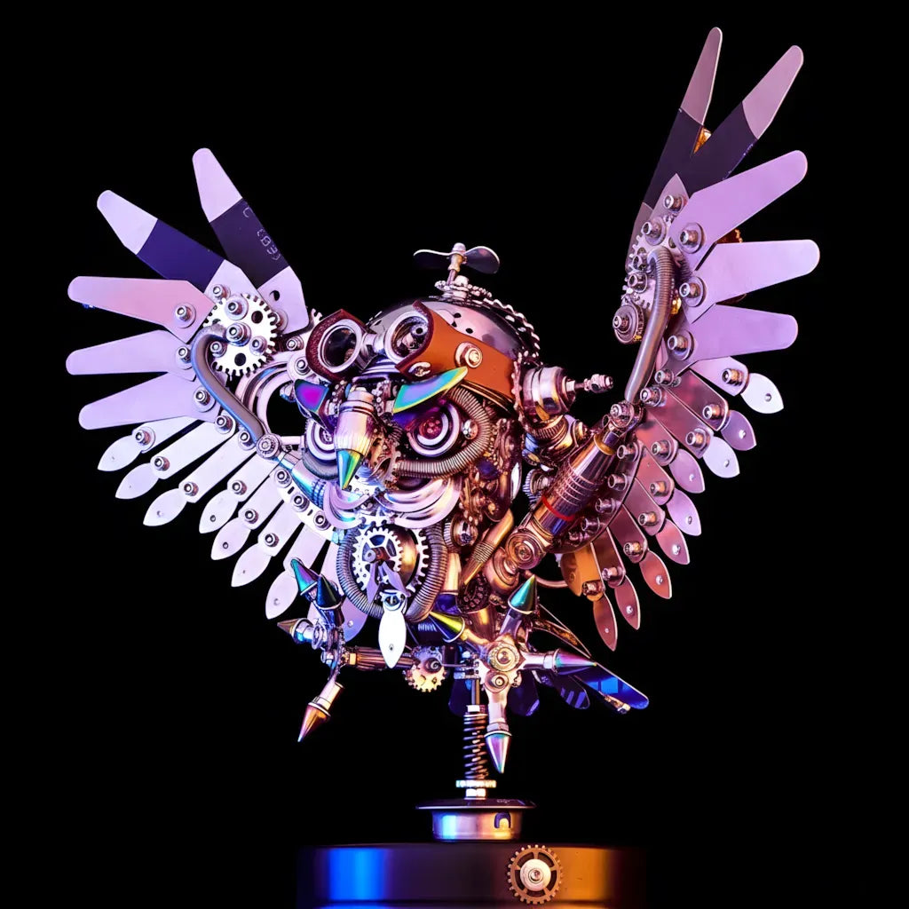 A front view of the assembled mechanical owl kit, highlighting its wide, symmetrical metal wings and colorful iridescent accents