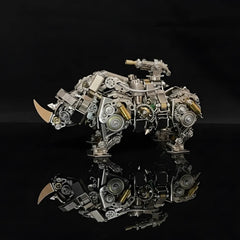 The Mechanical Rhino 'The Juggernaut', a DIY steampunk animal kit, shown from the side on a black reflective surface