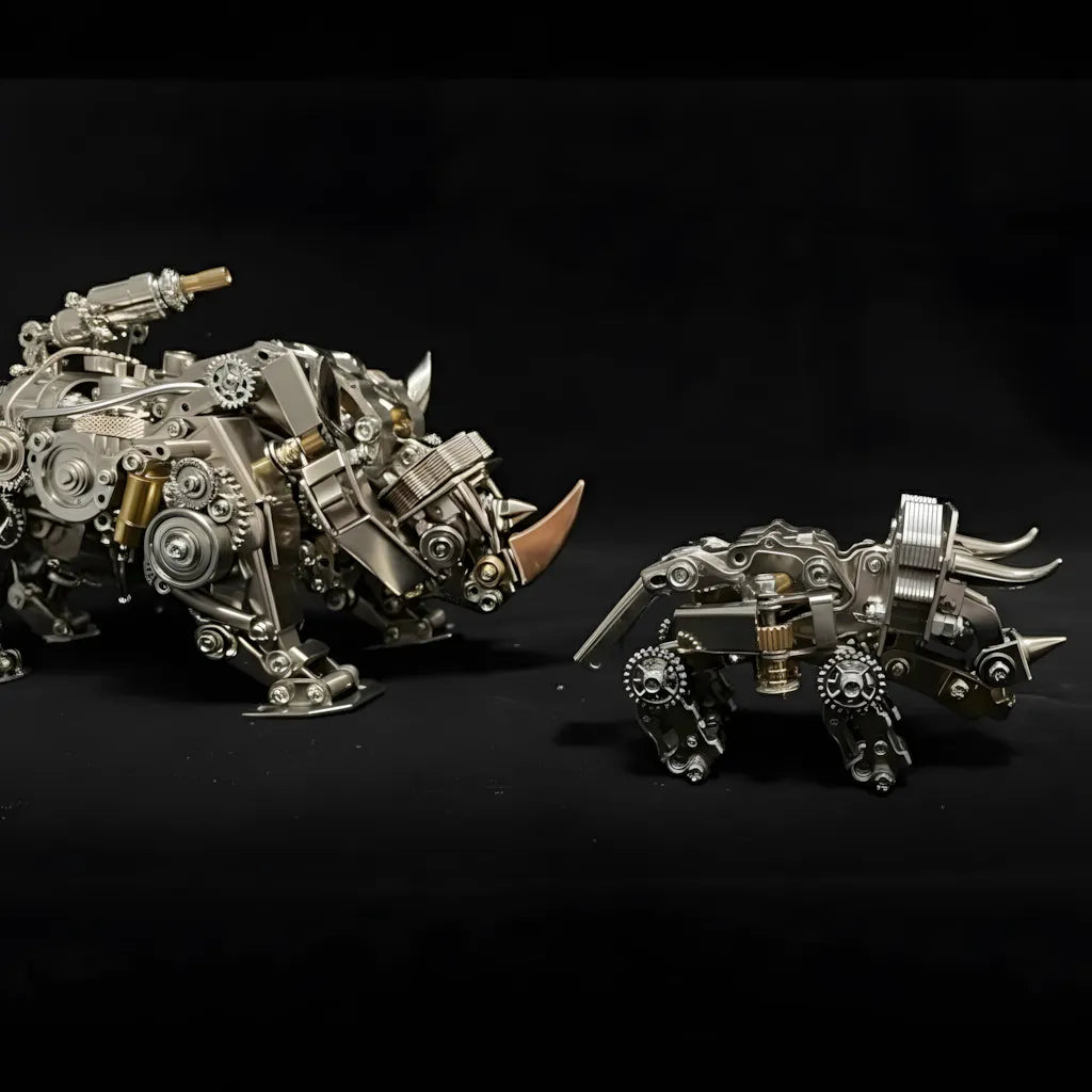 A shot showing the large Mechanical Rhino Juggernaut next to a smaller version to demonstrate its impressive scale and presence