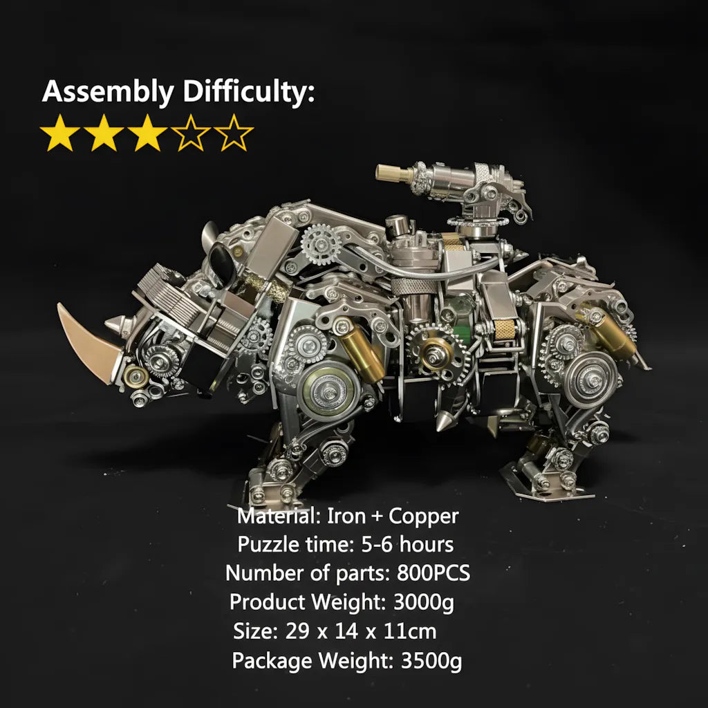 The Mechanical Rhino Model Kit showing its key specifications: Intermediate difficulty (3/5), 800 parts, and 3000g heavy Iron/Copper material. 