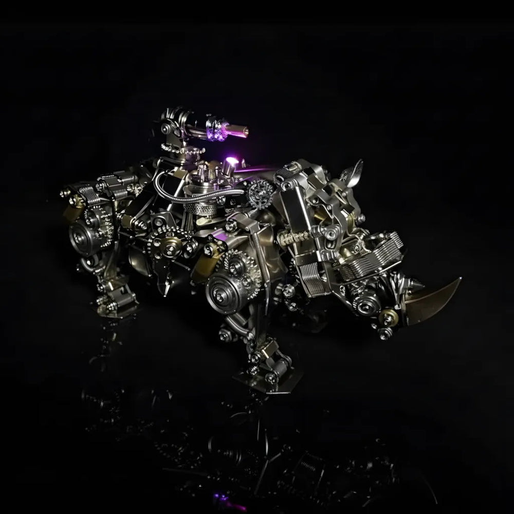 A dynamic shot of the armored behemoth Mechanical Rhino, highlighting its rotating turret and glowing purple LED light.