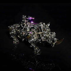 A dynamic shot of the armored behemoth Mechanical Rhino, highlighting its rotating turret and glowing purple LED light.