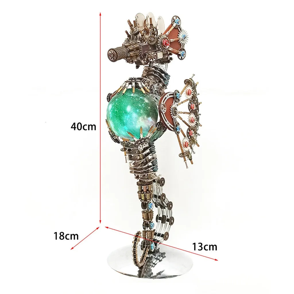 A clear diagram showing the dimensions of the assembled Steampunk Mechanical Seahorse: 40cm tall, 18cm long, and 13cm wide