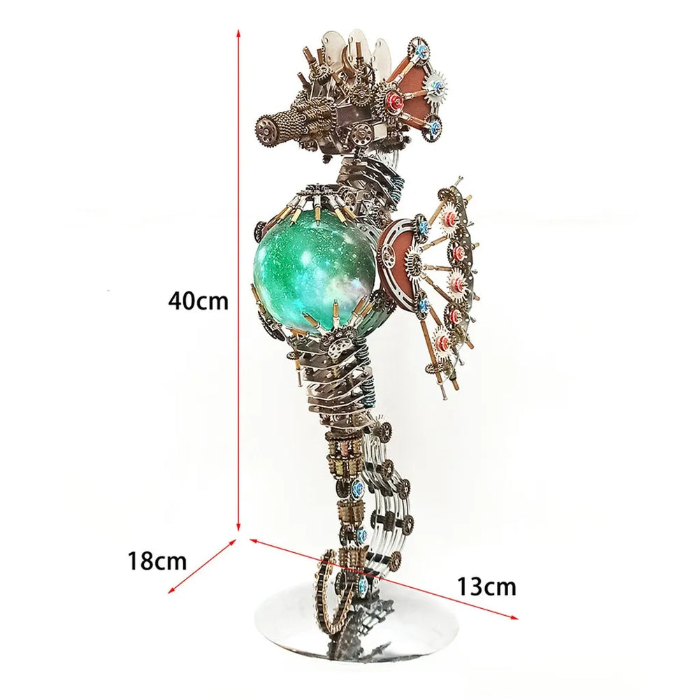 A clear diagram showing the dimensions of the assembled Steampunk Mechanical Seahorse: 40cm tall, 18cm long, and 13cm wide