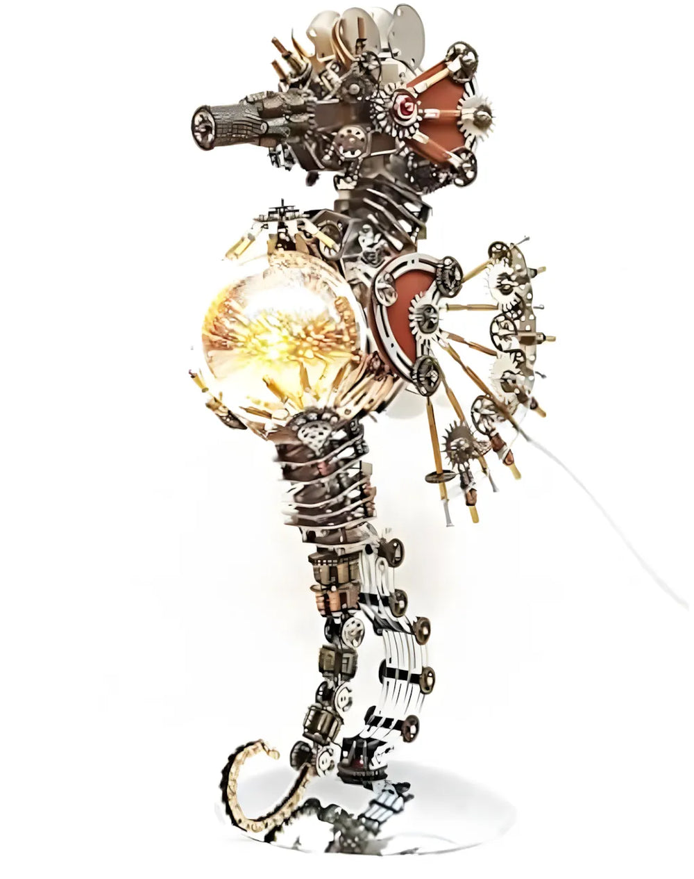he Steampunk Mechanical Seahorse model with its luminous galaxy orb core glowing brightly, showcasing its complex steampunk gears.