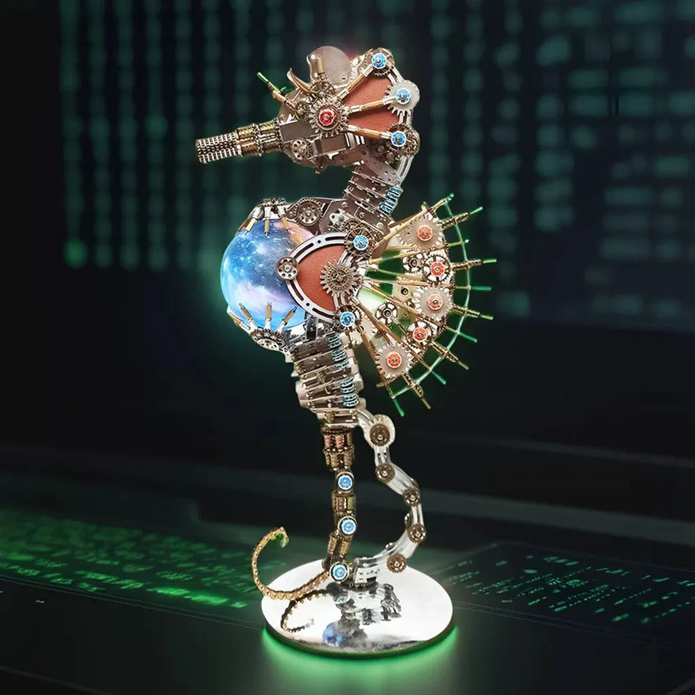 The Steampunk Mechanical Seahorse displayed in a modern, dark gaming or tech setting with a green matrix background effect