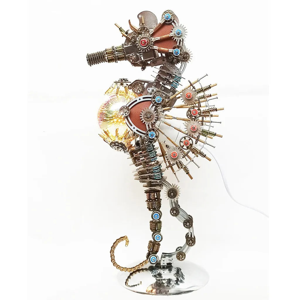 The Steampunk Mechanical Seahorse model with its internal yellow-orange galaxy orb illuminated, showing the power cord