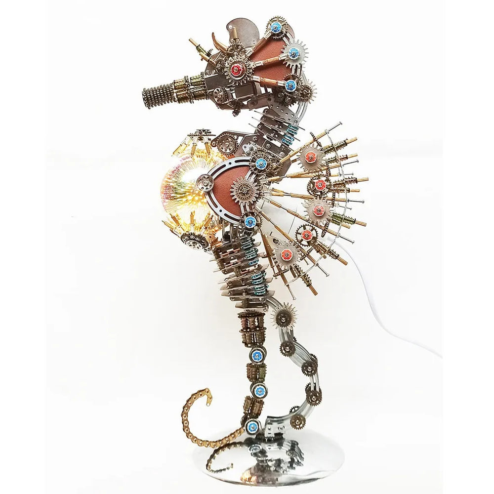 The Steampunk Mechanical Seahorse model with its internal yellow-orange galaxy orb illuminated, showing the power cord