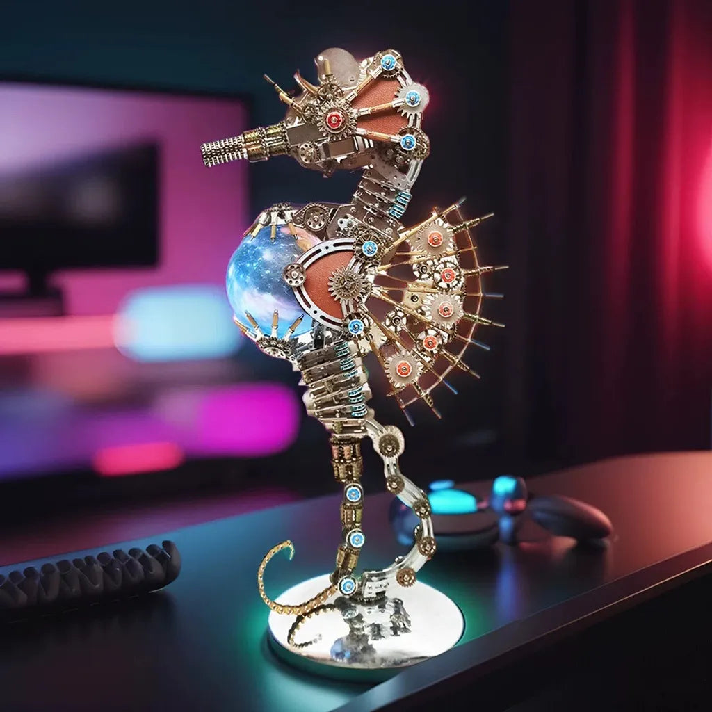 The assembled 40cm Steampunk Mechanical Seahorse model displayed as a statement piece on a modern desk, with its galaxy orb glowing