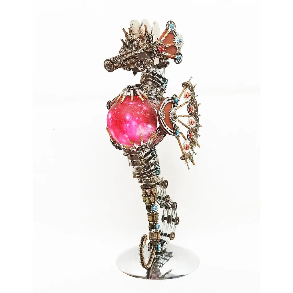 A side-view of the Steampunk Mechanical Seahorse model featuring the vibrant pink 'Nebula' orb variant on a white background