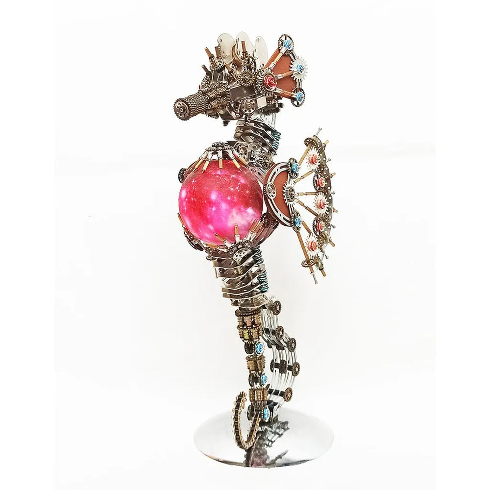 A side-view of the Steampunk Mechanical Seahorse model featuring the vibrant pink 'Nebula' orb variant on a white background