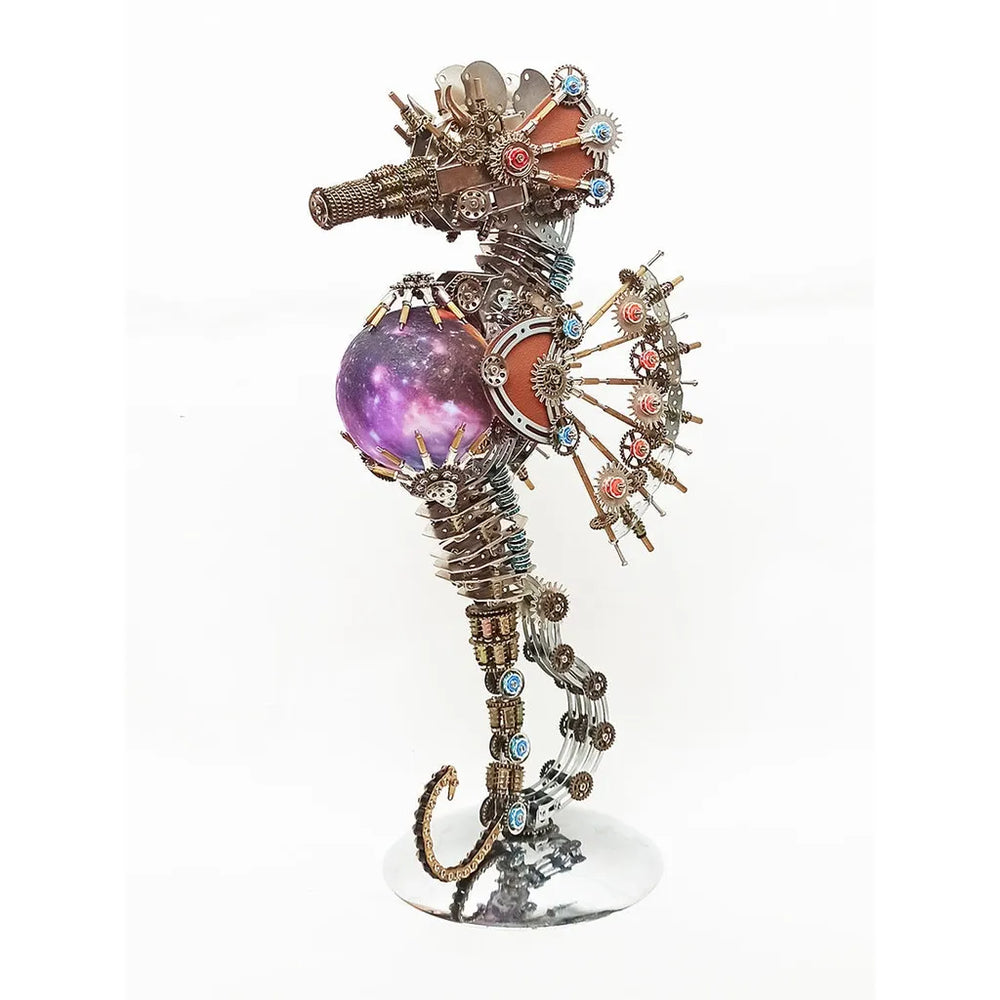 The Steampunk Mechanical Seahorse featuring the majestic purple 'Andromeda' nebula orb variant on a white background