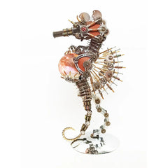 A side-view of the Steampunk Mechanical Seahorse model featuring the red-orange 'Mars' orb variant on a white background.
