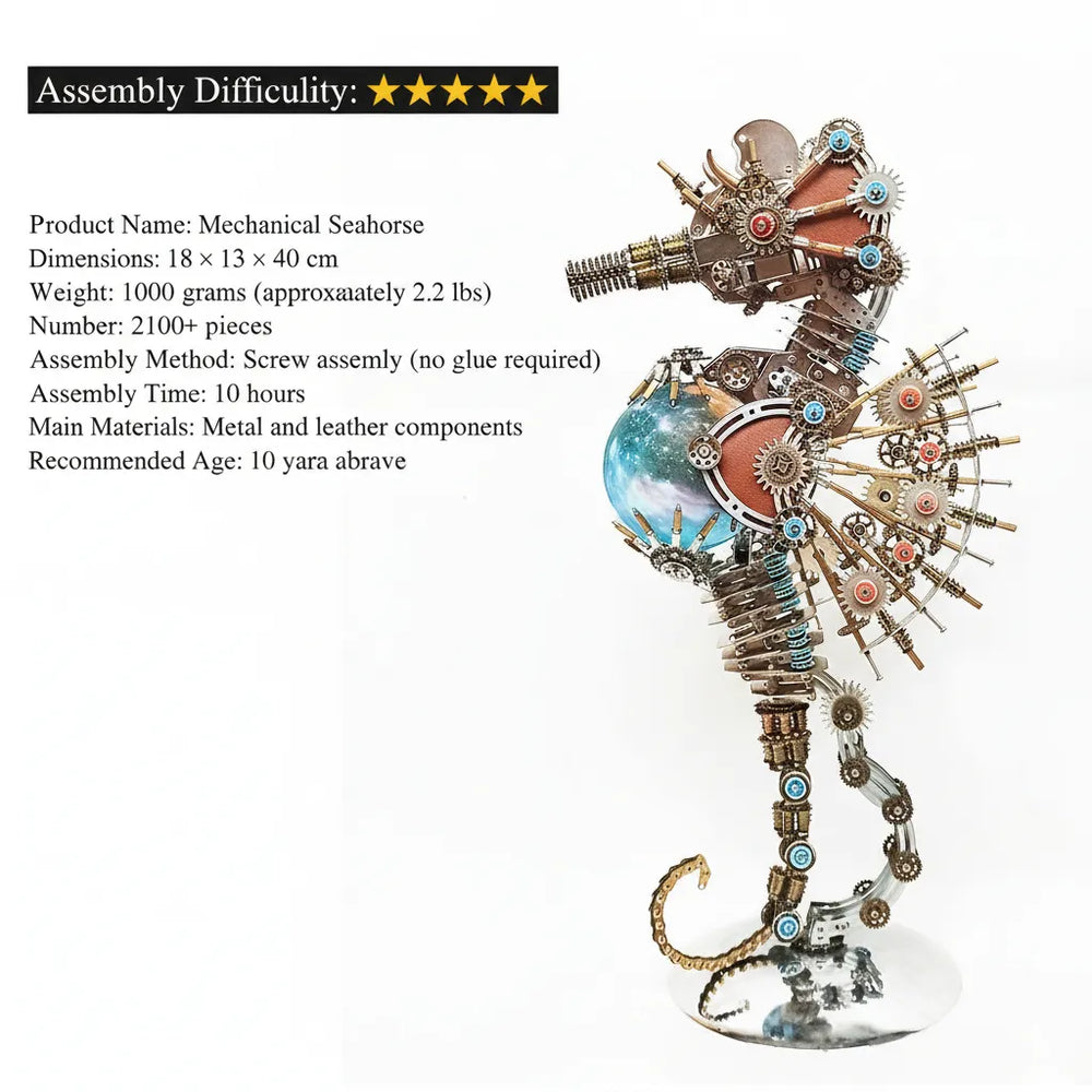 An informational graphic for the Mechanical Seahorse, listing key specifications: 2100+ pieces, 40cm size, 10-hour assembly, and 5-star difficulty