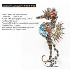 An informational graphic for the Mechanical Seahorse, listing key specifications: 2100+ pieces, 40cm size, 10-hour assembly, and 5-star difficulty