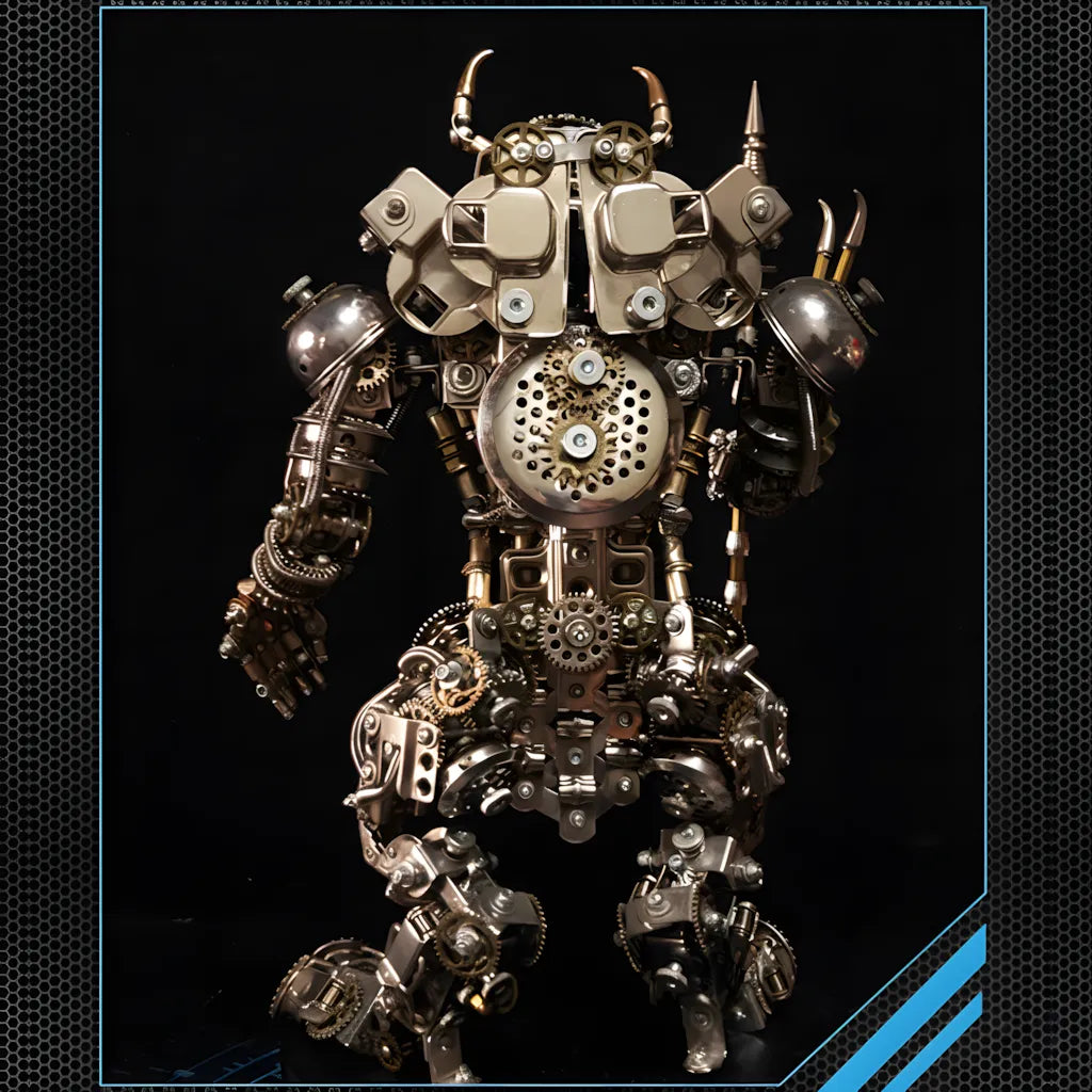 Rear view of the Steampunk Minotaur, highlighting the complex exposed gearwork and layered armor plating on its back.