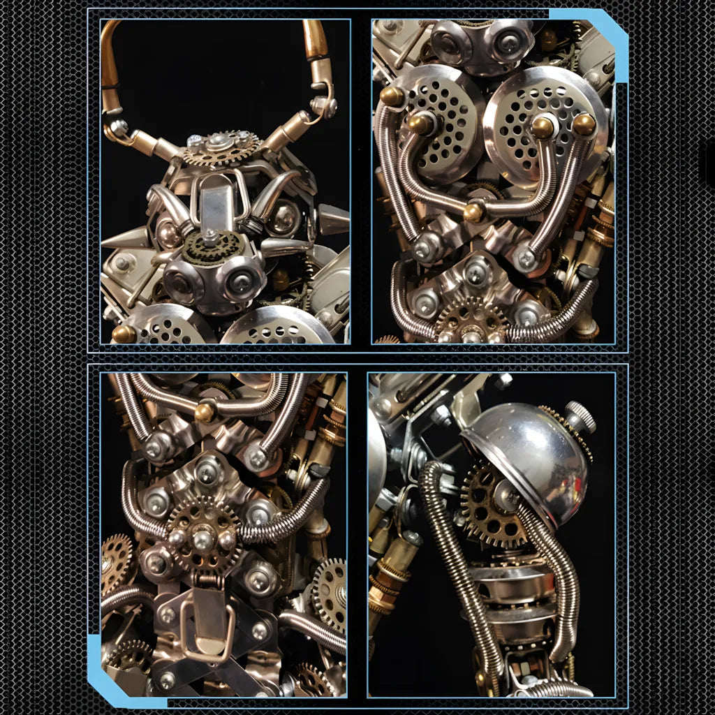 A quadrant detail image showing the minotaur's head, the heart-shaped chest gears, and the detailed shoulder armor of the DIY robot.