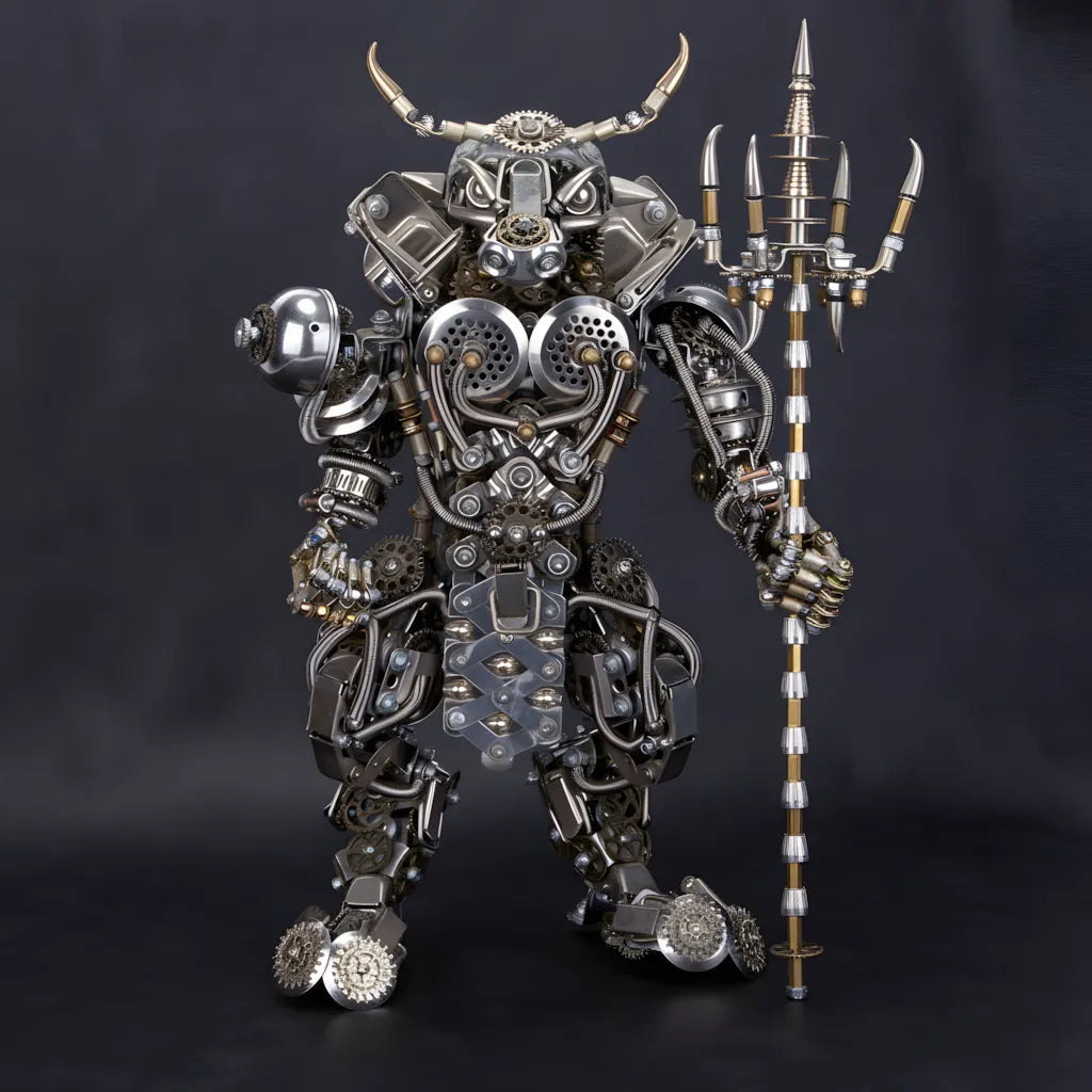 Front view of the finished Mechanical Minotaur Model Kit, showcasing its sharp horns and powerful, gear-filled physique.