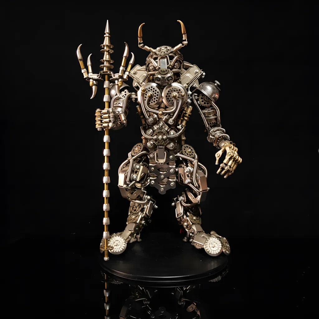 The Mechanical Minotaur Gladiator, a 950+ piece DIY steampunk robot, holding its towering trident on a black reflective surface.