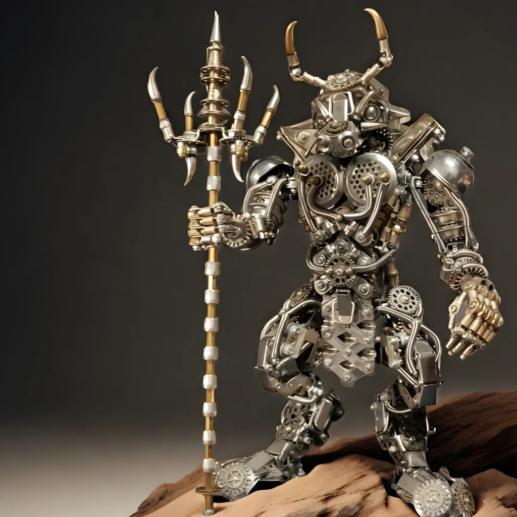 The Mechanical Minotaur Gladiator posed on a rock formation, showcasing its formidable presence and the detailed brass horn.