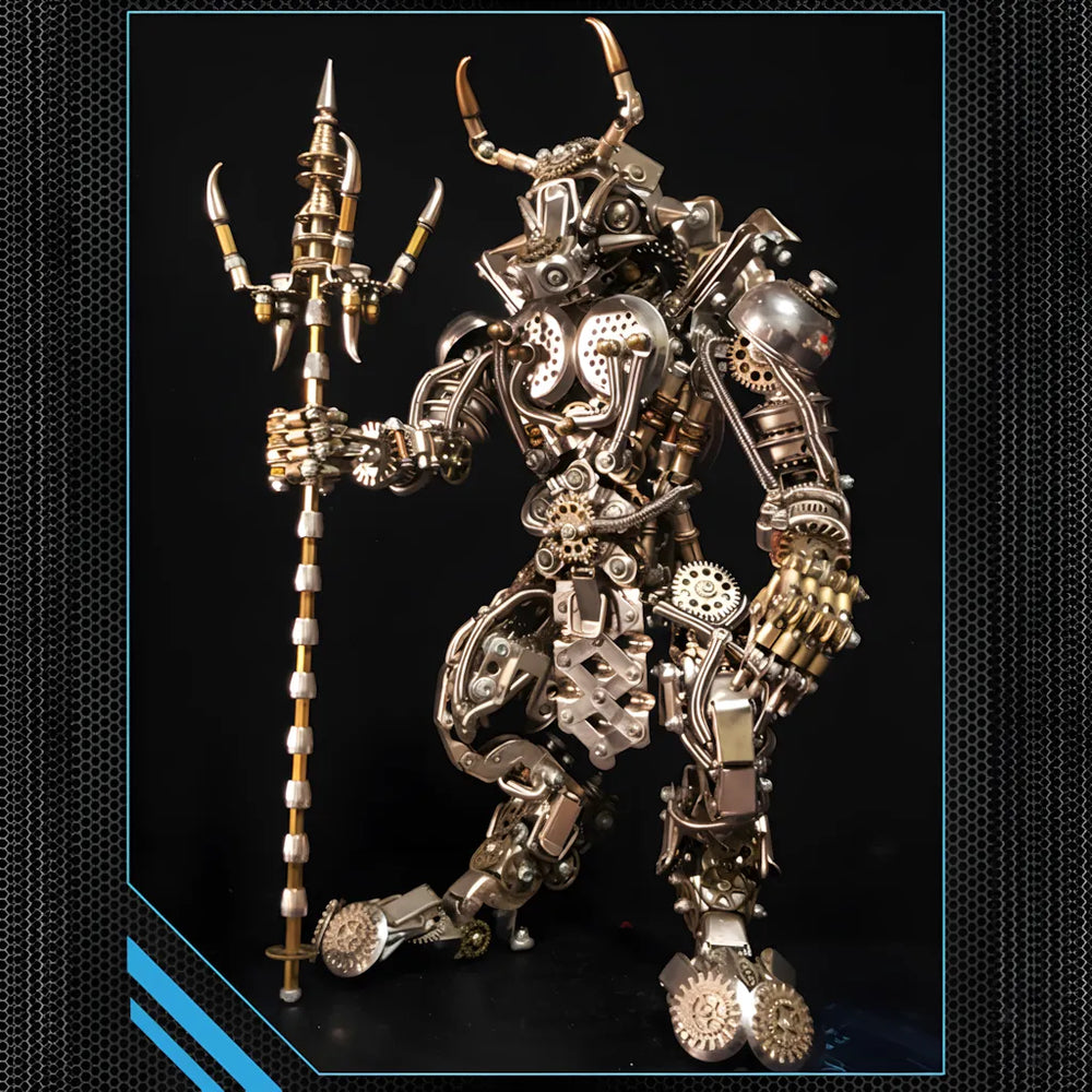 A side profile view of the Mechanical Minotaur in a ready stance, emphasizing its size and the intricate design of the trident weapon.