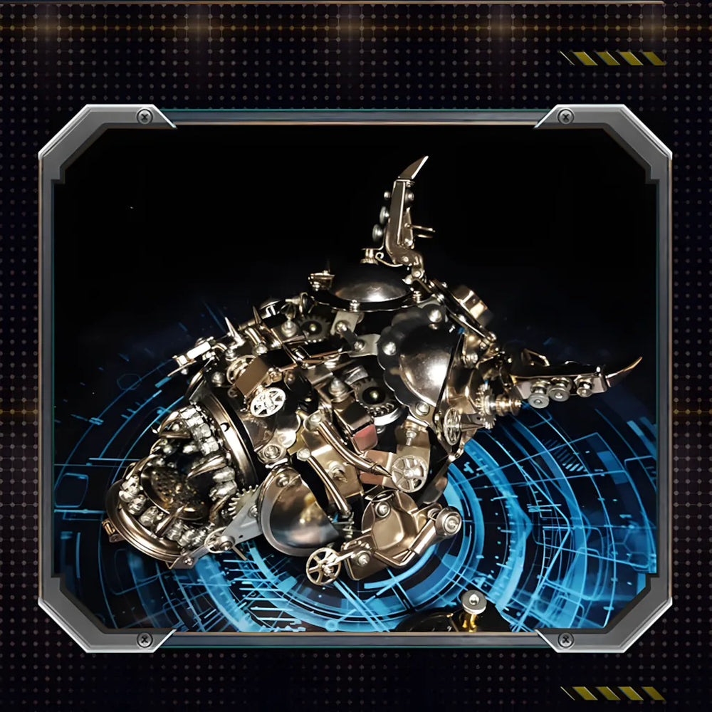 The assembled Mechanical Minotaur Mask at a dynamic angle with a blue tech circle background, emphasizing its fierce, sleek shape and over 950 pieces