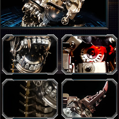 A close-up macro shot of the glowing red LED eyes and menacing articulated jaw of the mechanical bull model kit