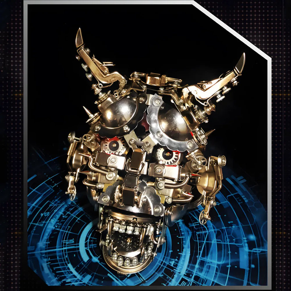 A front view of the Mechanical Minotaur Mask, showcasing its intricate gearwork and sharp metal horns