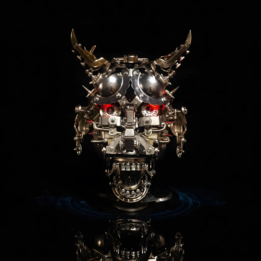 The Mechanical Minotaur Mask, a DIY steampunk kit, with its red LED eyes glowing on a black reflective surface