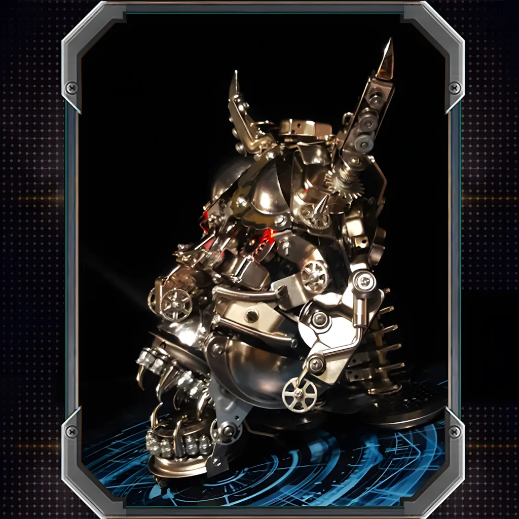 The massive 34cm tall Mechanical Minotaur Mask placed on a stand to demonstrate its impressive, collectible scale.