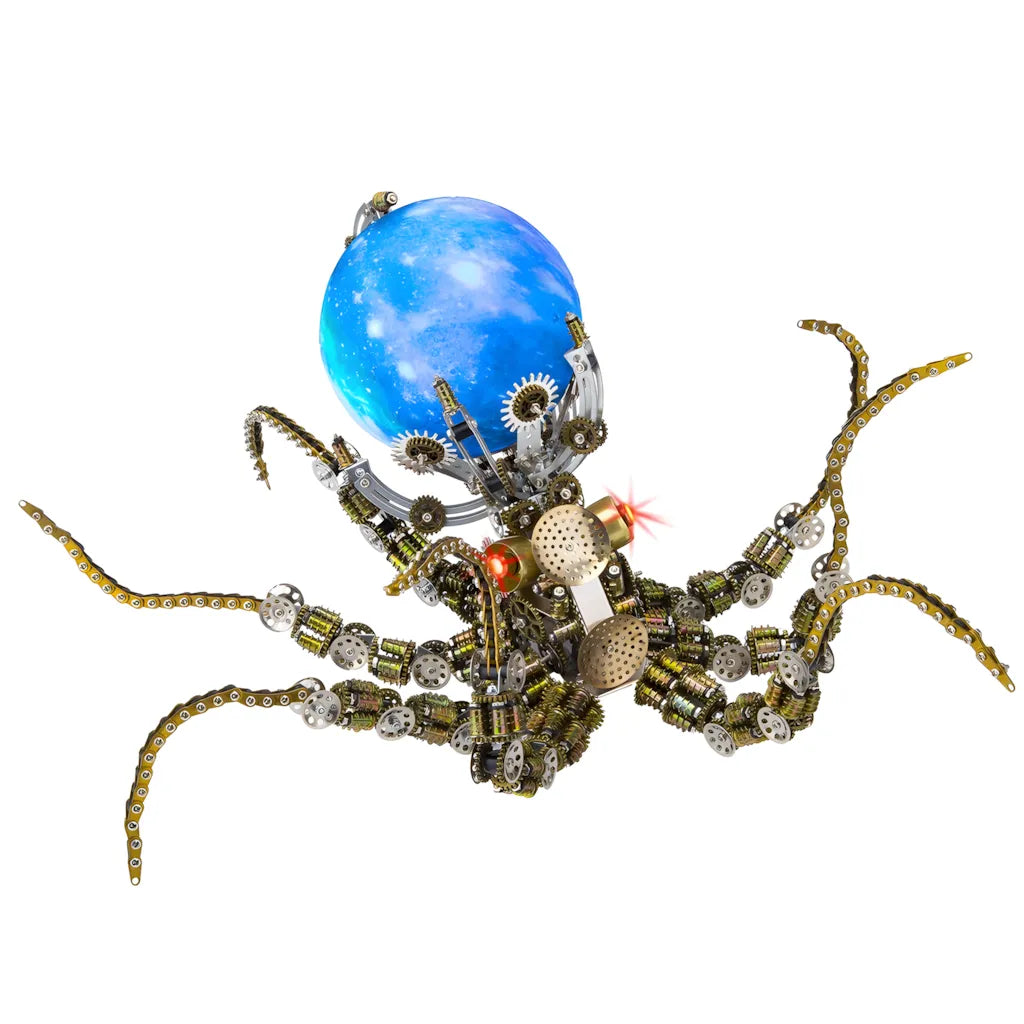 The 2400+ piece Steampunk Mechanical Octopus model featuring the luminous blue 'Sea' orb variant on a white background