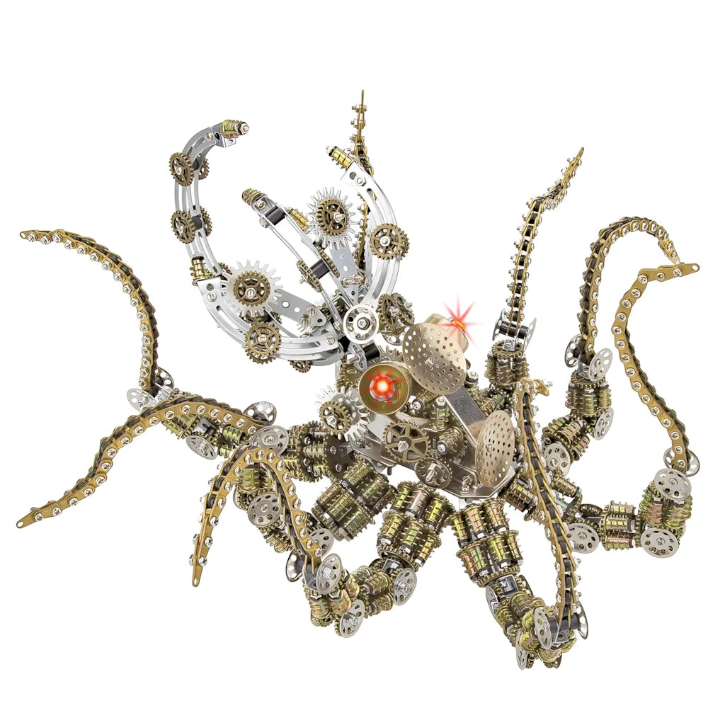 A detailed front view of the 2400+ piece Mechanical Octopus model, showcasing the complexity of its gear-driven head and tentacles
