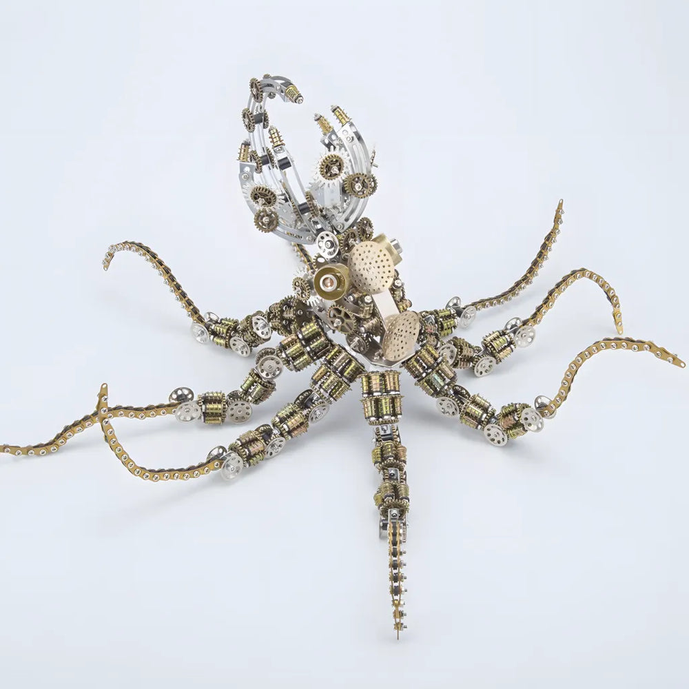 A front view of the finished Mechanical Octopus model without the light orb, highlighting its pure metal construction and gear-work